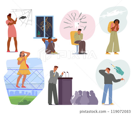 Set Of Cartoon Vector Illustrations Featuring Male Female Characters Experiencing Different Phobias and Fears Set Of Cartoon Vector Illustrations Featuring Male Female Characters Experiencing Different Phobias and Fears 119072083