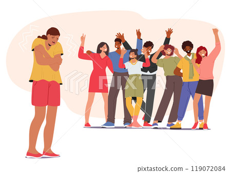 Illustration Depicts Cartoon Female Character Isolated And Experiencing Fear While A Group Is Joyfully Gathered Around Illustration Depicts Cartoon Female Character Isolated And Experiencing Fear While A Group Is Joyfully Gathered Around 119072084