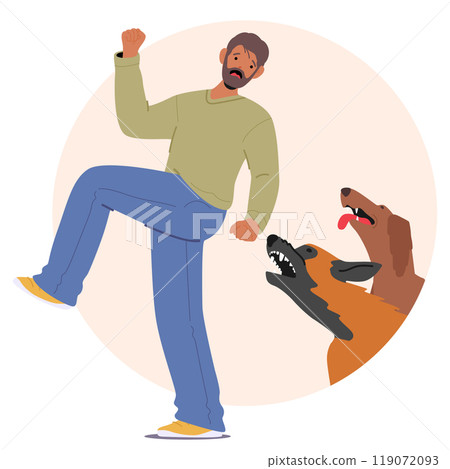Man Expressing Fear As Two Aggressive Dogs Appear To Attack. Image Conveys A Sense Of Panic And Paranoia Man Expressing Fear As Two Aggressive Dogs Appear To Attack. Image Conveys A Sense Of Panic And Paranoia 119072093