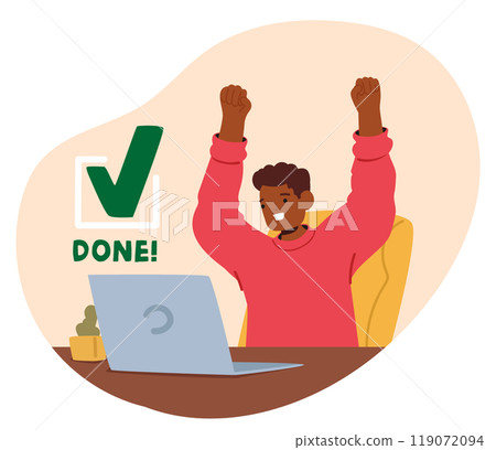 Joyful Student Male Character In A Red Sweater Celebrating The Successful Completion Of An Online Exam With A Laptop 119072094