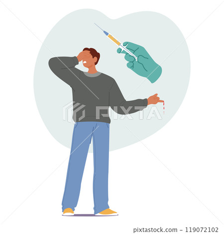 Cartoon Man Character With A Fearful Expression Turning Away From A Large Hand Holding A Needle, Vector Image Cartoon Man Character With A Fearful Expression Turning Away From A Large Hand Holding A Needle, Vector Image 119072102