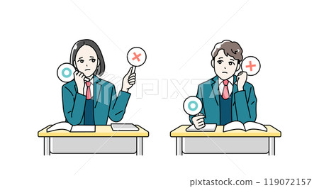 Illustration of male and female high school students giving a round or cross card Illustration of male and female high school students giving a round or cross card 119072157