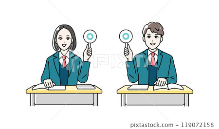Illustration of male and female high school students giving a round or cross card Illustration of male and female high school students giving a round or cross card 119072158