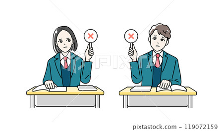 Illustration of male and female high school students giving a round or cross card 119072159