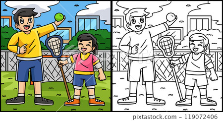 Dad Teaching Daughter Lacrosse Illustration 119072406