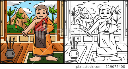 Buddhism Monk Lighting Prayer Incense Illustration Buddhism Monk Lighting Prayer Incense Illustration 119072408