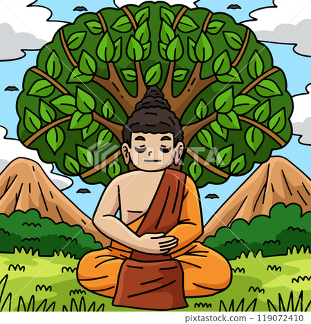 Buddhism Buddha Under a Bodhi Tree Colored Cartoon Buddhism Buddha Under a Bodhi Tree Colored Cartoon 119072410