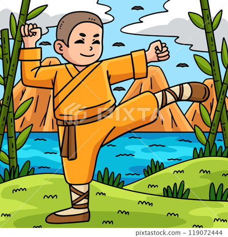Buddhism Buddhist Shaolin Monk Kicking Colored Buddhism Buddhist Shaolin Monk Kicking Colored 119072444