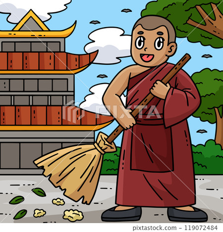 Buddhism Buddhist Monk Cleaning Colored Cartoon Buddhism Buddhist Monk Cleaning Colored Cartoon 119072484
