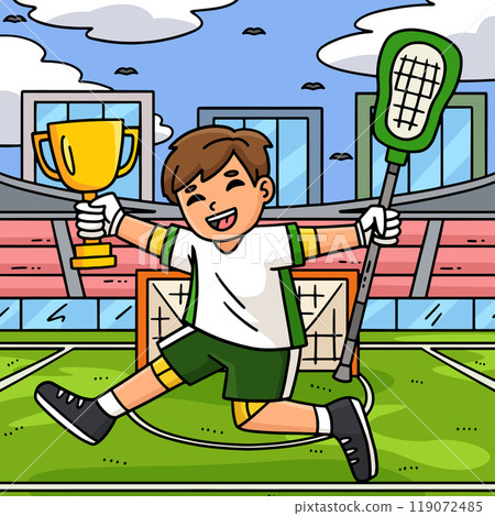 Lacrosse Player Jumping in Victory Colored Cartoon Lacrosse Player Jumping in Victory Colored Cartoon 119072485