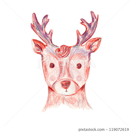 Cute color pencils hand drawn red brown deer head with horns. Childish sketch drawing illustration with cheerful animal portrait for greeting card design, sticker, Christmas decoration Cute color pencils hand drawn red brown deer head with horns. Childish sketch drawing illustration with cheerful animal portrait for greeting card design, sticker, Christmas decoration 119072619