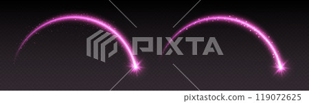 Shooting star light effect, magic arch with sparkles, glowing meteor with trail, shiny star in motion. 119072625