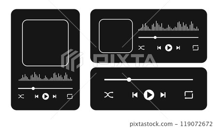 Music player interface with album cover frame, buttons, progress loading bar and sound wave. Playback menu widget templates isolated on white background. Vector graphic illustration 119072672