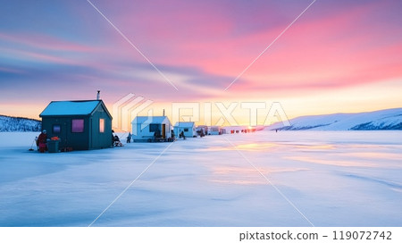 A Beautiful Frozen Lake Sunset with Colorful Ice Fishing Cabins in Winter A Beautiful Frozen Lake Sunset with Colorful Ice Fishing Cabins in Winter 119072742