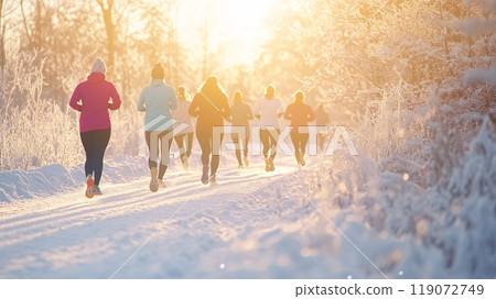 Diverse Group of Friends Enjoying a Winter Morning Jog in Snowy Forest 119072749