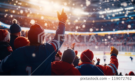 Excited Hockey Fans Celebrating Together at a Live Game in Winter Atmosphere Excited Hockey Fans Celebrating Together at a Live Game in Winter Atmosphere 119072762