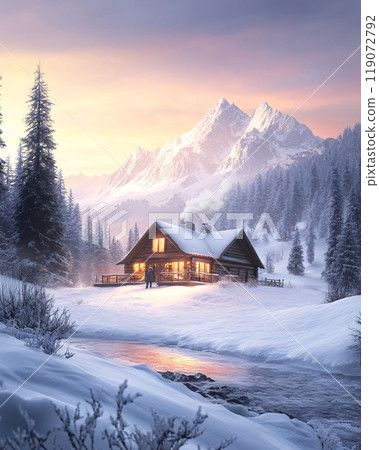 Cozy Alpine Chalet in Snow-Capped Mountains at Sunset with Glowing Lights 119072792
