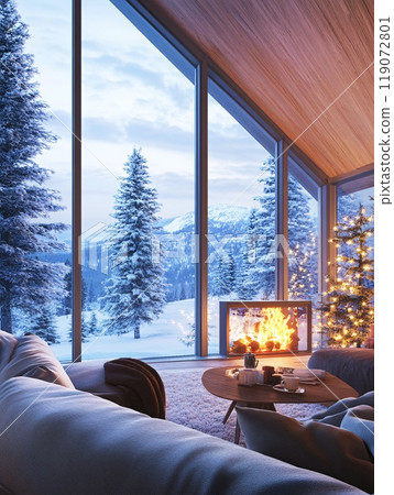Cozy Winter Cabin with Large Windows Overlooking Snowy Forest and Fireplace Cozy Winter Cabin with Large Windows Overlooking Snowy Forest and Fireplace 119072801