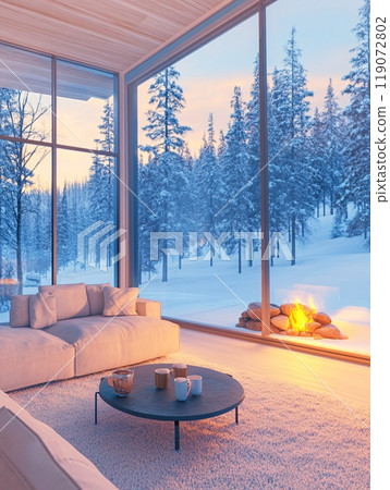 Cozy Winter Cabin Retreat with Snow-Covered Forest View and Warm Fireplace 119072802