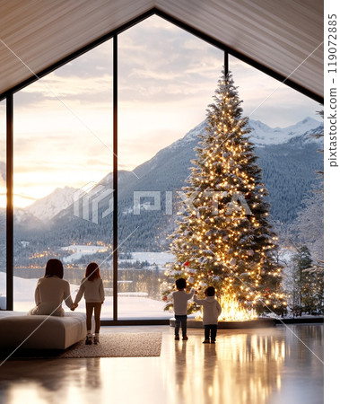 Cozy Family Holiday Gathering in a Scenic Living Room with Christmas Tree 119072885