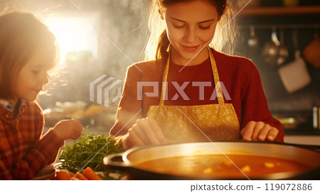 Warmly Lit Kitchen Family Scene with Children Joyfully Preparing Dinner Together 119072886