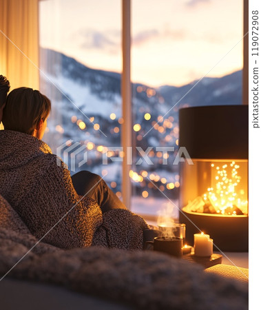 Cozy Evening by the Fireplace: Couple Relaxing in Winter Wonderland View 119072908