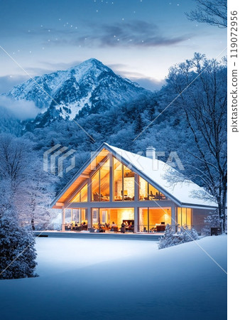 Cozy Chalet Retreat with Warm Lights Amidst Snowy Mountain Peaks at Night 119072956