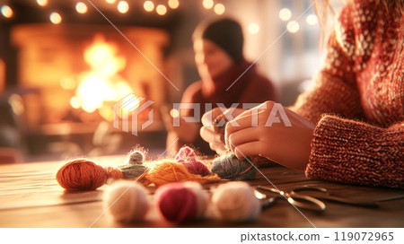Cozy Winter Evening in Warm Living Room with Knitting and Relaxation 119072965