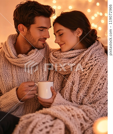 Cozy Winter Evening: Young Couple Enjoying Warm Beverages in Living Room Cozy Winter Evening: Young Couple Enjoying Warm Beverages in Living Room 119072966