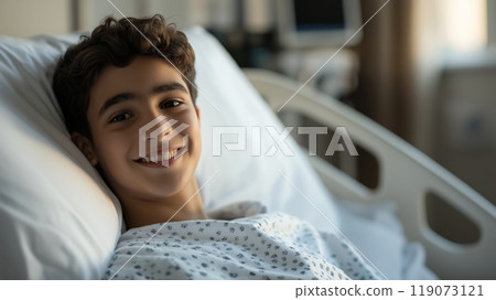 Middle Eastern Teenage Boy Recuperating in Hospital Double Bed, Smiling Serenely, Capturing Hope and Resilience in Medical Setting 119073121