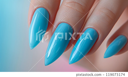 Elegant CloseUp of a Woman's Hand with Glossy Blue Manicure, Perfect for Nail Art and Beauty Inspirations 119073174