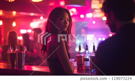 Nightlife Interaction: Woman at a Bustling Bar with Neon Lights, Ideal for Party and Clubbing Themes 119073224