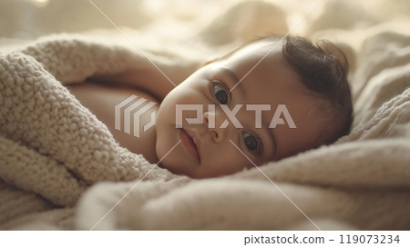 Newborn Arab Baby Nestled in Soft Blanket, Peaceful Infant Portrait, Gentle Warmth and Serenity, Ideal for Nursery Decor and Parenting Blogs 119073234