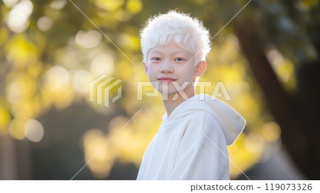 Portrait of a Southeast Asian Albino Teenager in Outdoor Natural Light with Autumn Background 119073326