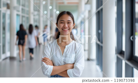Smiling Indonesian Female Student in White Blouse Standing in Modern University Hallway 119073398
