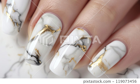 Luxurious Marble Effect Nails with Gold Accents for Elegant Nail Art Design 119073456