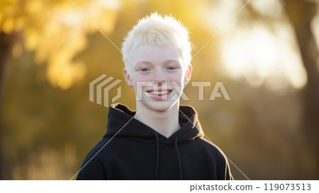 Smiling Teenage Albino Boy in Black Hoodie Outdoors, Autumn Sunshine, Diversity, Inclusion, Nature Background Smiling Teenage Albino Boy in Black Hoodie Outdoors, Autumn Sunshine, Diversity, Inclusion, Nature Background 119073513