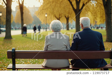 Depiction of a senior couple sitting on a bench in a park and watching the people Depiction of a senior couple sitting on a bench in a park and watching the people 119073717