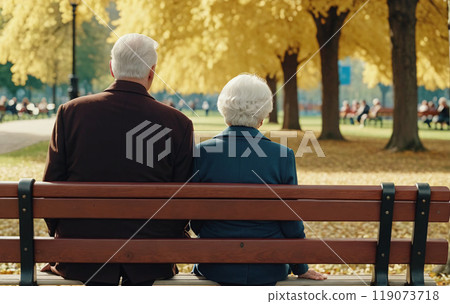 Depiction of a senior couple sitting on a bench in a park and watching the people 119073718