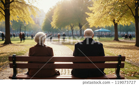 Depiction of a senior couple sitting on a bench in a park and watching the people 119073727