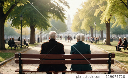 Depiction of a senior couple sitting on a bench in a park and watching the people 119073728