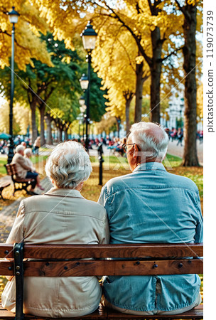 Depiction of a senior couple sitting on a bench in a park and watching the people 119073739