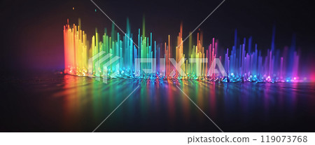 Colored abstract lines of light that visualize the refraction and the spectrum of natural light and its different wavelengths Colored abstract lines of light that visualize the refraction and the spectrum of natural light and its different wavelengths 119073768