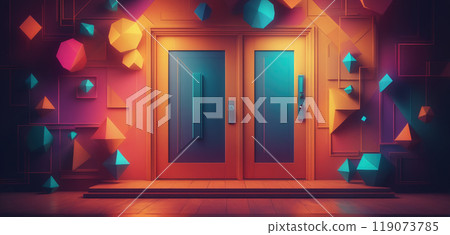Graphic representation of an entrance door or passageway in neon colors in an illustrative style Graphic representation of an entrance door or passageway in neon colors in an illustrative style 119073785