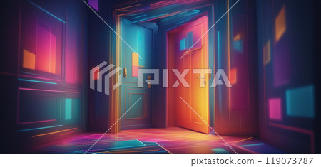 Graphic representation of an entrance door or passageway in neon colors in an illustrative style Graphic representation of an entrance door or passageway in neon colors in an illustrative style 119073787