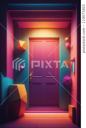 Graphic representation of an entrance door or passageway in neon colors in an illustrative style 119073803