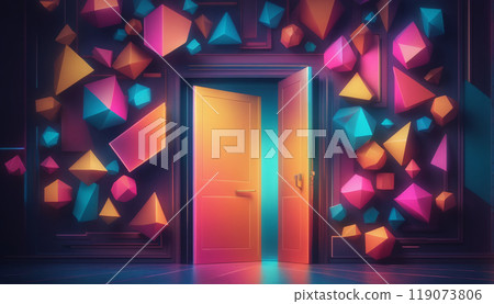 Graphic representation of an entrance door or passageway in neon colors in an illustrative style 119073806