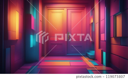 Graphic representation of an entrance door or passageway in neon colors in an illustrative style 119073807