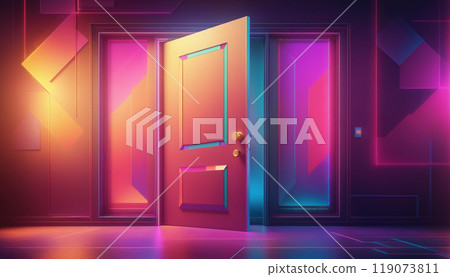 Graphic representation of an entrance door or passageway in neon colors in an illustrative style Graphic representation of an entrance door or passageway in neon colors in an illustrative style 119073811