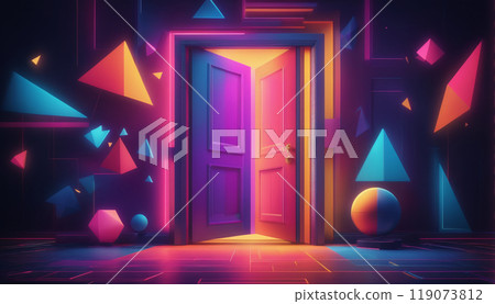 Graphic representation of an entrance door or passageway in neon colors in an illustrative style 119073812